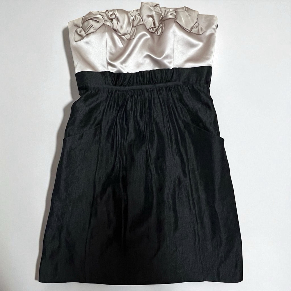 BCBG Paris Strapless Black & Champagne Satin Cocktail Dress w/ Pockets Women’s S